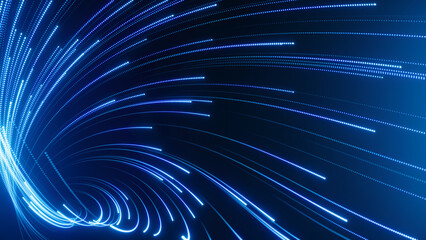 Dynamic lights shape trails on dark background. Bright luminous glowing lines. High speed optical fiber concept. 3d rendering