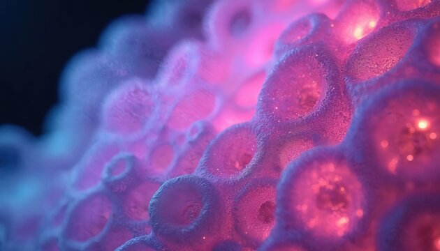 Close-up of pink bioprinted cartilage tissue structure. Healthy cells glow with light. Future medicine lab for tissue engineering research and regeneration.