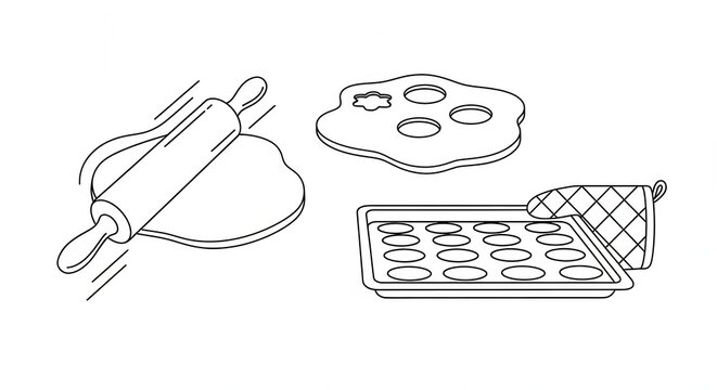 Baking preparation: Rolling dough, cookie cutters, and baking sheet with oven mitt