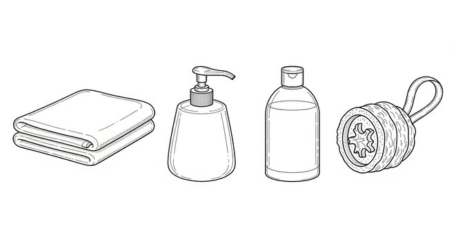 Bathroom Essentials Set: Towel, Soap Dispenser, Bottle, and Loofah - Cleanliness and Hygiene Concept