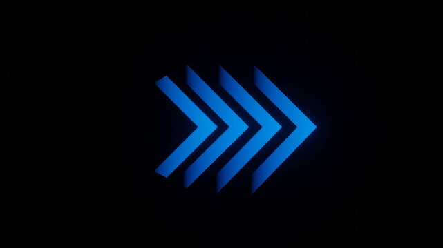 Glowing blue neon chevron arrows light sweep seamless loop animation on black background