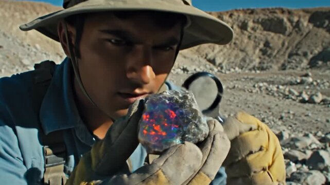 Miner Inspects Rough Opal Showing Play of Color