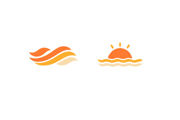 Stylized graphic design showing a set of two icons representing ocean waves and a sunset over the water in orange and cream colors isolated on a black background.