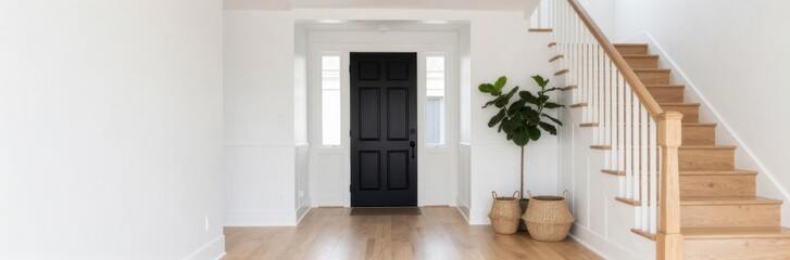 Fototapeta premium Elegant Foyer with Black Door, Light Wood Staircase, and Fiddle Leaf Fig Plant