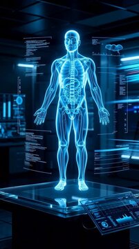 Digital human anatomy hologram displayed in a futuristic laboratory setting