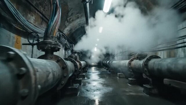 Industrial dark underground concrete corridor featuring complex utility communication network with metal pipe electrical wire and cable illuminated in cold blue tones within a deep basement.