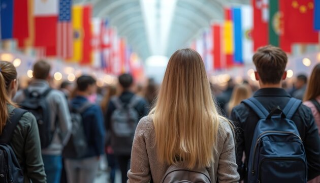 International education fair with students exploring global study options. Flags represent countries. People gather to learn about universities and programs for future careers.