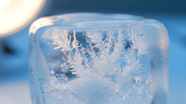 Close-up of Ice Block with Frozen Crystal Formations and Rainbow Light Refractions