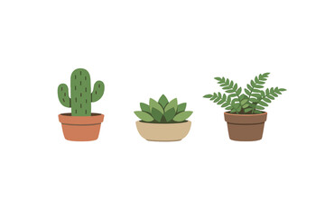 Obraz premium A flat illustration of three different green potted plants including a cactus, a succulent, and a leafy fern, all arranged in a row against a solid black background.