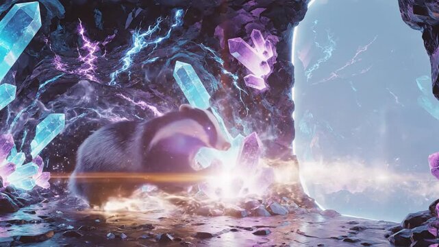 Cinematic 4K badger banner exhibiting an ultramodern supernatural scene within a dynamic glowing underground tunnel lair featuring mystical lighting and ethereal atmosphere for digital art.