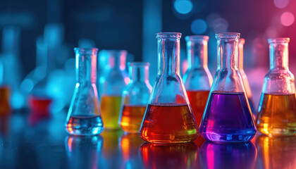 Group of laboratory flasks with colorful liquids under neon lights. Glass beakers contain vibrant fluids in scientific research or education setting. Chemistry experiments and analysis.