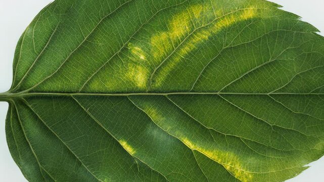 Scientific Leaf Diagram. Photosynthesis & Energy from Sunlight. Science Illustration. A semi-realistic leaf with highlighted energy absorption zones, set in a clean white background
