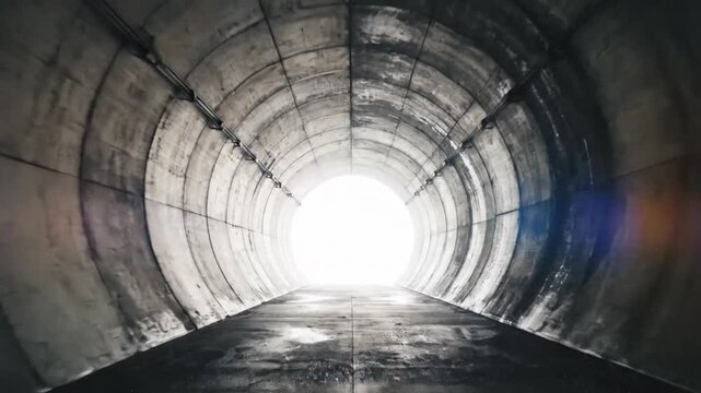 Symmetric circular concrete tunnel architectural perspective showcasing a radiant bright white light at the distant exit representing hope and future in a minimalist industrial passage.