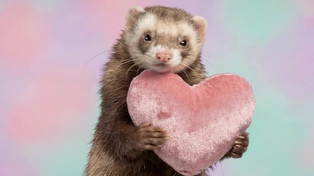 Lovely ferret cuddling a soft pink heart cushion in a pastel studio background representing comfort and affection.
