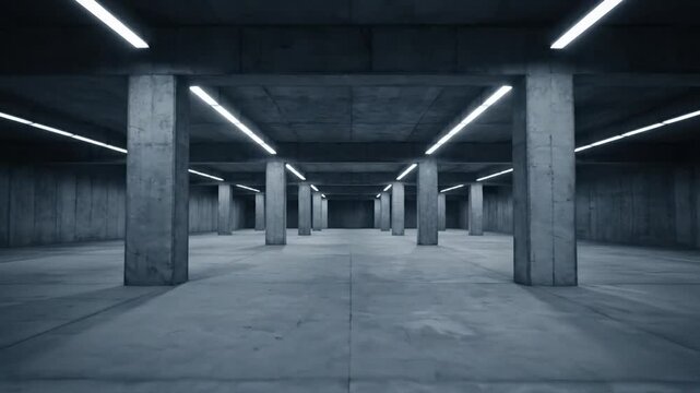 Futuristic abstract empty concrete room interior featuring glowing neon led light illumination and moody shadows. Realistic vector illustration of a dark industrial garage or gallery space.