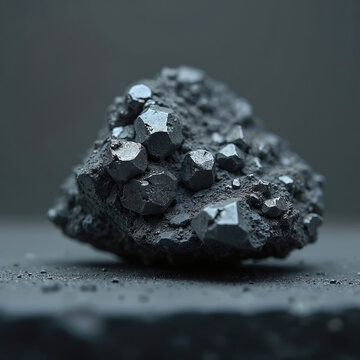 Closeup of raw thorium mineral specimen. Dark grey metallic crystals form cluster on rocky base. Used for scientific research and industrial applications.