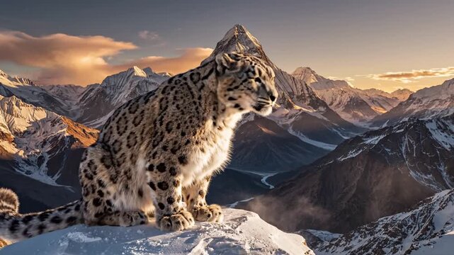 Snow leopard sits on snowy mountain peak at sunrise