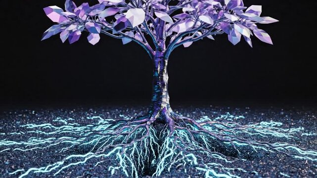 Futuristic bioluminescent tree with intricate visible root system growing deep into digital soil against a solid minimalist background representing technological nature growth and evolution