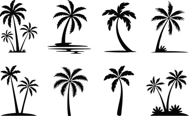 Fototapeta premium Collection of Minimalist Palm Tree Silhouettes, Monochrome Graphic Set: Stylized Tropical Island Flora, vector, illustration, silhouette.