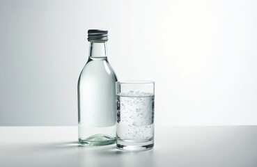 Obraz premium Clear glass bottle and tumbler filled with sparkling water, bubbles rise in liquid. Refreshing cool beverage served for hydration. Studio shot on white background.