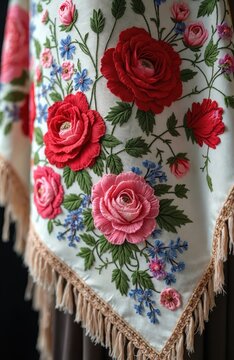 White fabric with colorful floral embroidery, featuring red and pink roses with green leaves and blue blossoms. Trimmed with fringe border. Detailed textile art.