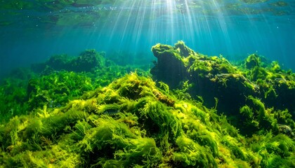 Sunlit underwater landscape with vibrant green algae blanketing rocks and seabed, creating a serene, natural habitat