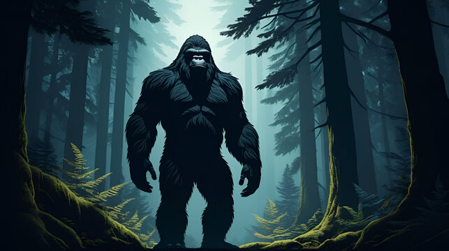 Illustration of a bigfoot or a mythic sasquatch standing in a dark forest. .