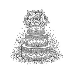 A black and white drawing of a three tiered cake with flowers on top Vector