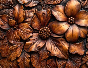 Fototapeta premium Intricate Close-up of a Richly Detailed Copper-Toned Floral Wood Carving.