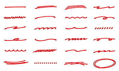 アンダーライン　素材　セット　飾り　直線　曲線　波線　くねくね　丸　あしらい　境界線　飾り罫　見出し　仕切り　区切り　タイトル　シンプル　Red line.Handwritten underline set.