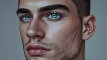 Close up portrait of a young man with blue green eyes and dark stubble against a cool grey studio background generative AI