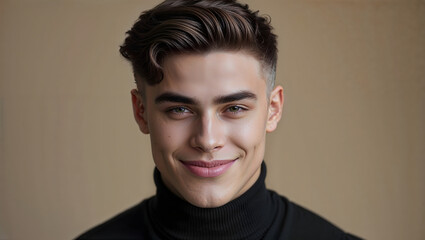 Close up portrait of a smiling young man with wavy hair wearing a black turtleneck against a neutral beige background generative AI