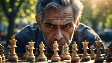 A sixty year old man with gray hair intensely focused on a chessboard in a sunny park generative AI