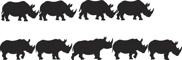 Black Silhouettes of Rhinos Walking in Two Rows on White Background © Frd Art