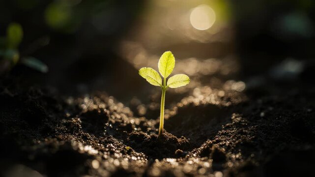 Seedling&rsquo;s First Light. Photosynthesis & Energy from Sunlight. Hope & Growth. A tiny, fragile sprout breaking through dark soil and immediately turning its leaves toward a single ray of sunlight
