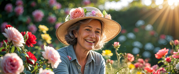 A sixty year old woman in a sun hat happily pruning roses in a vibrant English garden generative AI
