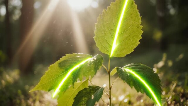 Solar Energy Metaphor. Photosynthesis & Energy from Sunlight. Energy Visualization. sunlight transforming into energy lines entering leaves, set in a simplified natural background
