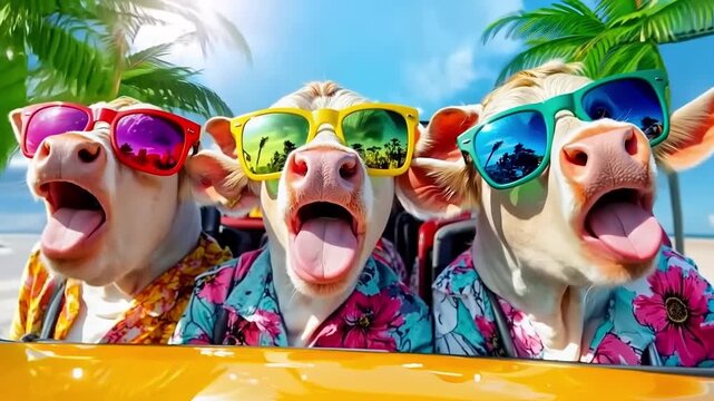 Three cows wearing sunglasses sticking out their tongues in a car