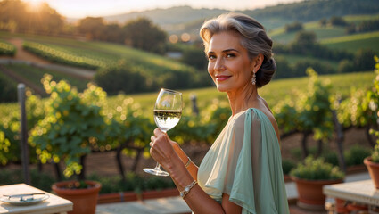An elegant sixty year old woman with olive skin holding white wine at a sunset vineyard terrace at a wine tasting generative AI
