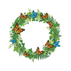 A wreath of green leaves and colorful butterflies Vector
