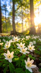 Sunlit wood anemones blooming in a forest, ground covered in petals, trees blurred in background with sun rays