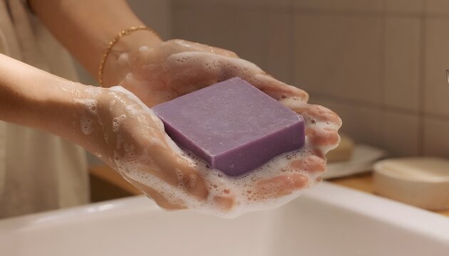 Close-up of hands gently lathering a beautiful purple artisanal soap bar over a pristine white sink, promoting personal hygiene