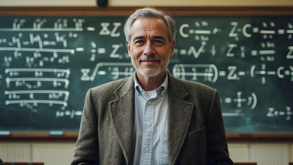 Kind professor with a friendly face stands before a chalkboard of complex equations wearing a tweed blazer in a classic lecture generative AI