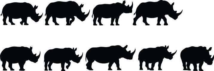 Silhouettes of Rhinos in Various Poses on White Background black © Frd Art