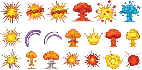 Cartoon Explosion Effect Icon Set with Fire Blasts, Boom Bursts, Comic Action Symbols, Smoke Clouds, and Nuclear Mushroom Effects for Game and Motion Design © Sanjida