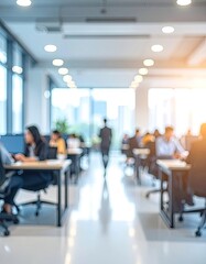 Abstract depiction of a bright, modern, and bustling open-plan office environment with blurred figures working and moving.