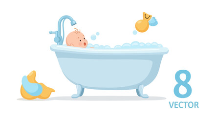 Naklejka premium Baby taking a bath in a blue bathtub with rubber ducks and a faucet running water vector illustration