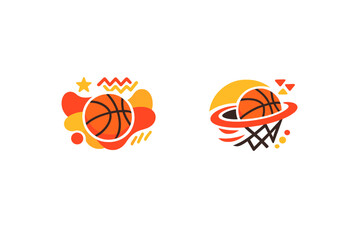 Two stylized basketball illustrations featuring abstract shapes and vibrant orange colors. One shows a ball with geometric patterns, while the other depicts a ball entering a net. © Alan