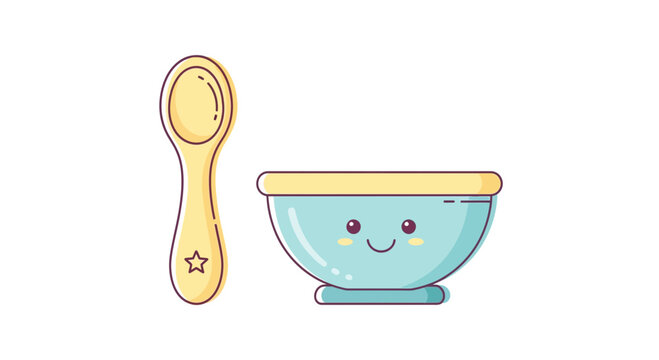 A baby's feeding essentials, a spoon and bowl, depicted in a cute cartoon illustration, on a plain background, viewed from the front.