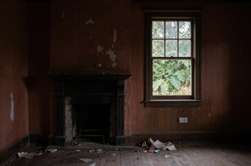 Naklejka premium Interior of a dilapidated room featuring a fireplace and a window view to the outdoors